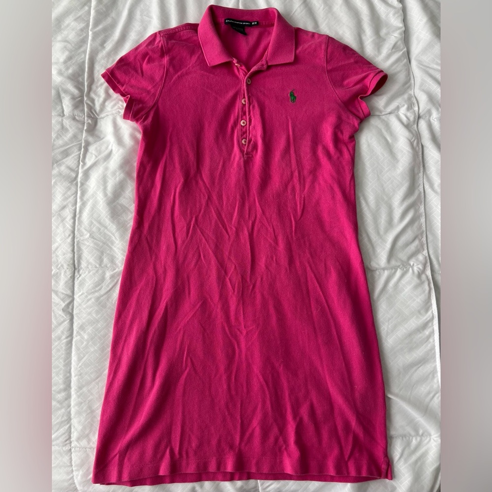 VTG Ralph Lauren Sport Iconic Polo Mini Dress Sz M Pink Green Pony Collared